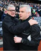 2 April 2023; Mayo manager Kevin McStay and assistant manager Stephen Rochford celebrate after their side's victory in the Allianz Football League Division 1 Final match between Galway and Mayo at Croke Park in Dublin. Photo by Sam Barnes/Sportsfile