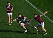 2 April 2023; Paddy Durcan of Mayo is tackled by Cathal Sweeney, second from left, and Damien Comer of Galway during the Allianz Football League Division 1 Final match between Galway and Mayo at Croke Park in Dublin. Photo by Tyler Miller/Sportsfile