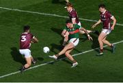 2 April 2023; Jordan Flynn of Mayo has his shot on goal blocked by Seán Kelly of Galway during the Allianz Football League Division 1 Final match between Galway and Mayo at Croke Park in Dublin. Photo by Tyler Miller/Sportsfile