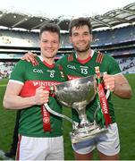 2 April 2023; Matthew Ruane, left, and Aidan O'Shea of Mayo with the cup after the Allianz Football League Division 1 Final match between Galway and Mayo at Croke Park in Dublin. Photo by Ramsey Cardy/Sportsfile