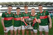 2 April 2023; Mayo players, from left, Diarmuid O'Connor, Jack Coyne, Jack Carney, Ryan O'Donoghue and Matthew Ruane with the cup after the Allianz Football League Division 1 Final match between Galway and Mayo at Croke Park in Dublin. Photo by Ramsey Cardy/Sportsfile