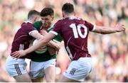 2 April 2023; Fionn McDonagh of Mayo in action against Galway players, from left, Jack Glynn and Matthew Tierney during the Allianz Football League Division 1 Final match between Galway and Mayo at Croke Park in Dublin. Photo by John Sheridan/Sportsfile