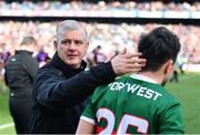 2 April 2023; Mayo manager Kevin McStay congratulates Paul Towey of Mayo after their side's victory in the Allianz Football League Division 1 Final match between Galway and Mayo at Croke Park in Dublin. Photo by Sam Barnes/Sportsfile
