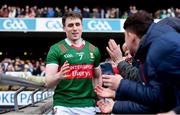 2 April 2023; Paddy Durcan of Mayo is congratulated by supporters after his side's victory in the Allianz Football League Division 1 Final match between Galway and Mayo at Croke Park in Dublin. Photo by Sam Barnes/Sportsfile