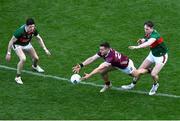 2 April 2023; Damien Comer of Galway is tackled by Paddy Durcan of Mayo during the Allianz Football League Division 1 Final match between Galway and Mayo at Croke Park in Dublin. Photo by Tyler Miller/Sportsfile