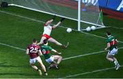 2 April 2023; Damien Comer of Galway has hit shot on goal saved by Mayo goalkeeper Colm Reape during the Allianz Football League Division 1 Final match between Galway and Mayo at Croke Park in Dublin. Photo by Tyler Miller/Sportsfile