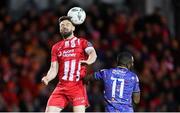 1 April 2023; Greg Bolger of Sligo Rovers in action against James Akintunde of Bohemians during the SSE Airtricity Men's Premier Division match between Sligo Rovers and Bohemians at The Showgrounds in Sligo. Photo by Seb Daly/Sportsfile