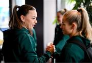3 April 2023; Katie McCabe, left, and and Tara O'Hanlon at the Republic of Ireland's team hotel, Hilton Dublin Airport ahead of the Republic of Ireland women's flight to the USA for their international friendly double header against USA in Austin and St Louis. Photo by Stephen McCarthy/Sportsfile