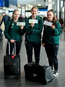3 April 2023; Republic of Ireland women's players from left, Tara O'Hanlon, Sophie Whitehouse, and Alannah McEvoy arrive at Dublin Airport ahead of the Republic of Ireland women's flight to the USA for their international friendly double header against USA in Austin and St Louis. Photo by Stephen McCarthy/Sportsfile