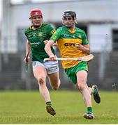2 April 2023; Ryan Hilferty of Donegal in action against Jack Regan of Meath during the Allianz Hurling League Division 2B Final match between Meath and Donegal at Avant Money Páirc Seán Mac Diarmada in Carrick-on-Shannon, Leitrim. Photo by Stephen Marken/Sportsfile