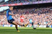 2 April 2023; Paul Mannion of Dublin score his side's second goal, a penalty, the Allianz Football League Division 2 Final match between Dublin and Derry at Croke Park in Dublin. Photo by Sam Barnes/Sportsfile