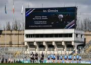 2 April 2023; The Dublin team look on as a message in memory of the late Jimmy Gray is displayed on the big screen before the Allianz Football League Division 2 Final match between Dublin and Derry at Croke Park in Dublin. Photo by Sam Barnes/Sportsfile