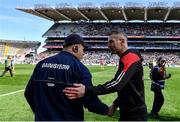 2 April 2023; Dublin manager Dessie Farrell and Derry manager Rory Gallagher shake hands after the Allianz Football League Division 2 Final match between Dublin and Derry at Croke Park in Dublin. Photo by Sam Barnes/Sportsfile