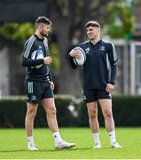 3 April 2023; Ross Byrne, left, and Jimmy O'Brien during Leinster rugby squad training at RDS Arena in Dublin. Photo by Ramsey Cardy/Sportsfile