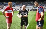 2 April 2023; Team captains Conor Glass of Derry and James McCarthy of Dublin with Referee Liam Devenney the Allianz Football League Division 2 Final match between Dublin and Derry at Croke Park in Dublin. Photo by Ramsey Cardy/Sportsfile