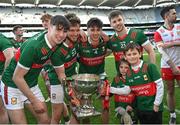2 April 2023; Mayo players Pádraig O'Hora, Sam Callinan and Conor McStay after the Allianz Football League Division 1 Final match between Galway and Mayo at Croke Park in Dublin. Photo by Ramsey Cardy/Sportsfile