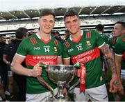 2 April 2023; James Carr, left, and Jordan Flynn of Mayo after the Allianz Football League Division 1 Final match between Galway and Mayo at Croke Park in Dublin. Photo by Ramsey Cardy/Sportsfile