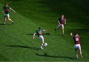 2 April 2023; Paul Conroy of Galway attempts to block the shot of Paddy Durcan of Mayo during the Allianz Football League Division 1 Final match between Galway and Mayo at Croke Park in Dublin. Photo by Tyler Miller/Sportsfile