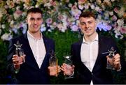 3 April 2023; 2023 Electric Ireland GAA Higher Education Rising Stars Hurler of the Year Mikey Kiely of UL and Abbeyside, Waterford, left, and 2023 Electric Ireland GAA Higher Education Rising Stars Footballer of the Year Daniel O’Mahony of UCC and Knocknagree, Cork, with their awards during the 2023 Electric Ireland GAA HEC Rising Star Awards at the Castletroy Park Hotel in Limerick. Photo by Sam Barnes/Sportsfile