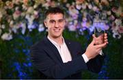 3 April 2023; 2023 Electric Ireland GAA Higher Education Rising Stars Hurler of the Year Mikey Kiely of UL and Abbeyside, Waterford, with his hurler of the year award during the 2023 Electric Ireland GAA HEC Rising Star Awards at the Castletroy Park Hotel in Limerick. Photo by Sam Barnes/Sportsfile