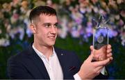 3 April 2023; 2023 Electric Ireland GAA Higher Education Rising Stars Hurler of the Year Mikey Kiely of UL and Abbeyside, Waterford, with his hurler of the year award during the 2023 Electric Ireland GAA HEC Rising Star Awards at the Castletroy Park Hotel in Limerick. Photo by Sam Barnes/Sportsfile