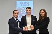 3 April 2023; 2023 Electric Ireland GAA Higher Education Rising Stars Footballer of the Year Daniel O’Mahony of UCC and Knocknagree, Cork, centre, receives his footballer of the year award from Chair of the GAA Higher Education Committee Michael Hyland and Electric Ireland Sponsorship Manager Aiste Petraityte during the 2023 Electric Ireland GAA HEC Rising Star Awards at the Castletroy Park Hotel in Limerick. Photo by Sam Barnes/Sportsfile