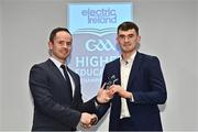3 April 2023; Eoin Roche of UCC and Bride Rovers, Cork, right, receives his 2023 Electric Ireland GAA Higher Education Rising Stars Hurling Team of the Year Award from Chair of the GAA Higher Education Committee Michael Hyland during the 2023 Electric Ireland GAA HEC Rising Star Awards at the Castletroy Park Hotel in Limerick. Photo by Sam Barnes/Sportsfile