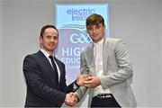 3 April 2023; Tiernan Killeen of University of Galway and Loughrea, Galway, right, receives his 2023 Electric Ireland GAA Higher Education Rising Stars Hurling Team of the Year Award from Chair of the GAA Higher Education Committee Michael Hyland during the 2023 Electric Ireland GAA HEC Rising Star Awards at the Castletroy Park Hotel in Limerick. Photo by Sam Barnes/Sportsfile