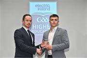 3 April 2023; Brian O'Sullivan of UL and Kanturk, Cork, right, receives his 2023 Electric Ireland GAA Higher Education Rising Stars Hurling Team of the Year Award from Chair of the GAA Higher Education Committee Michael Hyland during the 2023 Electric Ireland GAA HEC Rising Star Awards at the Castletroy Park Hotel in Limerick. Photo by Sam Barnes/Sportsfile