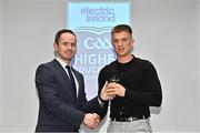 3 April 2023; Jack Prendergast of SETU Waterford and Lismore, Waterford, right, receives his 2023 Electric Ireland GAA Higher Education Rising Stars Hurling Team of the Year Award from Chair of the GAA Higher Education Committee Michael Hyland during the 2023 Electric Ireland GAA HEC Rising Star Awards at the Castletroy Park Hotel in Limerick. Photo by Sam Barnes/Sportsfile