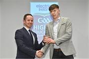 3 April 2023; Gearóid O'Connor of UL and Moyne-Templetuohy, Tipperary, right, receives his 2023 Electric Ireland GAA Higher Education Rising Stars Hurling Team of the Year Award from Chair of the GAA Higher Education Committee Michael Hyland during the 2023 Electric Ireland GAA HEC Rising Star Awards at the Castletroy Park Hotel in Limerick. Photo by Sam Barnes/Sportsfile