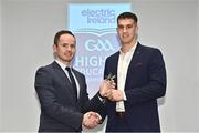 3 April 2023; Mikey Kiely of UL and Abbeyside, Waterford, right, receives his 2023 Electric Ireland GAA Higher Education Rising Stars Hurling Team of the Year Award from Chair of the GAA Higher Education Committee Michael Hyland during the 2023 Electric Ireland GAA HEC Rising Star Awards at the Castletroy Park Hotel in Limerick. Photo by Sam Barnes/Sportsfile