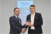 3 April 2023; Daniel O’Mahony of UCC and Knocknagree, Cork, right, receives his 2023 Electric Ireland GAA Higher Education Rising Stars Football Team of the Year Award from Chair of the GAA Higher Education Committee Michael Hyland during the 2023 Electric Ireland GAA HEC Rising Star Awards at the Castletroy Park Hotel in Limerick. Photo by Sam Barnes/Sportsfile