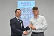 3 April 2023; Ruairí Murphy of UCC and Listry, Kerry, right, receives his 2023 Electric Ireland GAA Higher Education Rising Stars Football Team of the Year Award from Chair of the GAA Higher Education Committee Michael Hyland during the 2023 Electric Ireland GAA HEC Rising Star Awards at the Castletroy Park Hotel in Limerick. Photo by Sam Barnes/Sportsfile