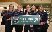 4 April 2023; Meath players, from left, Aoibhín Cleary, Monica McGuirk, Emma Duggan, Máire O'Shaughnessy, Aoibheann Leahy at Dublin Airport in Dublin before their departure for the 2023 TG4 LGFA All-Star Tour to Austin in Texas, USA. Photo by Brendan Moran/Sportsfile