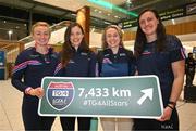 4 April 2023; Dublin players Carla Rowe, left, and Hannah Tyrrell, right, with Kerry players Anna Galvin and Niamh Carmody at Dublin Airport in Dublin before their departure for the 2023 TG4 LGFA All-Star Tour to Austin in Texas, USA. Photo by Brendan Moran/Sportsfile