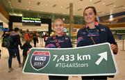4 April 2023; Armagh players Lauren McConville, left, and Aimee Mackin at Dublin Airport in Dublin before their departure for the 2023 TG4 LGFA All-Star Tour to Austin in Texas, USA. Photo by Brendan Moran/Sportsfile