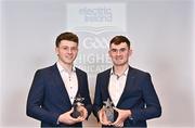 3 April 2023; In attendance during the 2023 Electric Ireland GAA HEC Rising Star Awards are Cormac O'Brien of UCC and Newtownshandrum, Cork, left, and Eoin Roche of UCC and Bride Rovers, Cork, with their 2023 Electric Ireland GAA Higher Education Rising Stars Hurling Team of the Year Awards at the Castletroy Park Hotel in Limerick. Photo by Sam Barnes/Sportsfile
