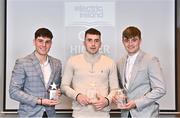 3 April 2023; In attendance during the 2023 Electric Ireland GAA HEC Rising Star Awards are, from left, Eoin Lawless of University of Galway and Athenry, Galway, Brian Concannon of University of Galway and Killimordaly, Galway, and Tiernan Killeen of University of Galway and Loughrea, Galway, with their 2023 Electric Ireland GAA Higher Education Rising Stars Hurling Team of the Year Awards at the Castletroy Park Hotel in Limerick. Photo by Sam Barnes/Sportsfile