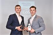 3 April 2023; Emmet McMahon of UL and Kildysart, Clare, left, and Ciaran Downes of UL and Kilmihil, Clare, with their 2023 Electric Ireland GAA Higher Education Rising Stars Football Team of the Year Awards during the 2023 Electric Ireland GAA HEC Rising Star Awards at the Castletroy Park Hotel in Limerick. Photo by Sam Barnes/Sportsfile