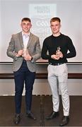 3 April 2023; In attendance during the 2023 Electric Ireland GAA HEC Rising Star Awards are Reuben Halloran of SETU Waterford and De La Salle, Waterford, left, and Jack Prendergast of SETU Waterford and Lismore, Waterford, with their 2023 Electric Ireland GAA Higher Education Rising Stars Hurling Team of the Year Awards at the Castletroy Park Hotel in Limerick. Photo by Sam Barnes/Sportsfile