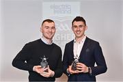 3 April 2023; In attendance during the 2023 Electric Ireland GAA HEC Rising Star Awards are Darragh Campion of TU Dublin and Skryne, Meath, left, and  Cian Hanley of TU Dublin and Ballaghaderreen, Mayo, with their 2023 Electric Ireland GAA Higher Education Rising Stars Football Team of the Year Awards at the Castletroy Park Hotel in Limerick. Photo by Sam Barnes/Sportsfile
