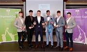 3 April 2023; In attendance during the 2023 Electric Ireland GAA HEC Rising Star Awards are UCC footballers, from left, Cathail O’Mahony, Shane Merritt, Daniel O’Mahony, Dylan Foley, Ruairí Murphy and Mark Cronin with their 2023 Electric Ireland GAA Higher Education Rising Stars Football Team of the Year Awards and the Sigerson Cup at the Castletroy Park Hotel in Limerick. Photo by Sam Barnes/Sportsfile