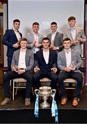 3 April 2023; In attendance during the 2023 Electric Ireland GAA HEC Rising Star Awards are, UL players from left, Seán Twomey, Bryan O'Mara, Dean Mason, Mikey Kiely, TJ Brennan, Brian O'Sullivan and Gearóid O'Connor with their 2023 Electric Ireland GAA Higher Education Rising Stars Hurling Team of the Year Awards and the Fitzgibbon cup at the Castletroy Park Hotel in Limerick. Photo by Sam Barnes/Sportsfile