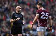 2 April 2023; Referee Brendan Cawley speaks to Damien Comer of Galway during the Allianz Football League Division 1 Final match between Galway and Mayo at Croke Park in Dublin. Photo by Sam Barnes/Sportsfile