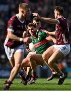 2 April 2023; Aidan O'Shea of Mayo in action against Paul Conroy, right, and John Maher of Galway during the Allianz Football League Division 1 Final match between Galway and Mayo at Croke Park in Dublin. Photo by Sam Barnes/Sportsfile