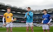 4 March 2023; Kilkenny hurler Darragh Corcoran, centre, with Wicklow Gold hurler Feilim Lynch Ward, left, and Wicklow Blue hurler Finian Hughes at the 2023 Electric Ireland Celtic Challenge at Croke Park in Dublin. Photo by David Fitzgerald/Sportsfile