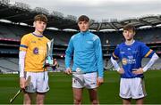4 March 2023; Kilkenny hurler Darragh Corcoran, centre, with Wicklow Gold hurler Feilim Lynch Ward, left, and Wicklow Blue hurler Finian Hughes at the 2023 Electric Ireland Celtic Challenge at Croke Park in Dublin. Photo by David Fitzgerald/Sportsfile