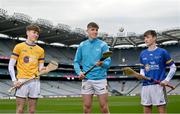 4 March 2023; Kilkenny hurler Darragh Corcoran, centre, with Wicklow Gold hurler Feilim Lynch Ward, left, and Wicklow Blue hurler Finian Hughes at the 2023 Electric Ireland Celtic Challenge at Croke Park in Dublin. Photo by David Fitzgerald/Sportsfile