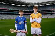4 March 2023; Wicklow Blue hurler Finian Hughes, left, and Wicklow Gold hurler Feilim Lynch Ward at the 2023 Electric Ireland Celtic Challenge launch at Croke Park in Dublin. Photo by David Fitzgerald/Sportsfile